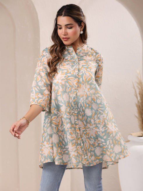 Sage Green Cotton Blend Floral Printed A-line Tunic